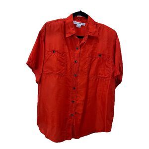 Jonathan Martin 100% Silk Orange Button Up Short Sleeve Shirt Top Womens Size M